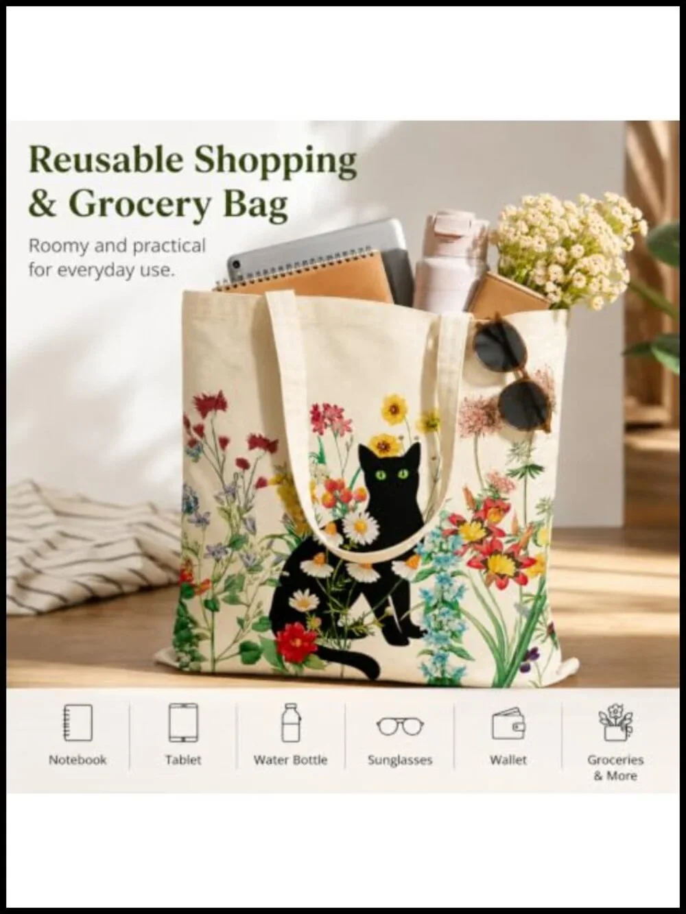 Canvas Tote Bag with Zipper Pockets - Reusable Shopping Bag